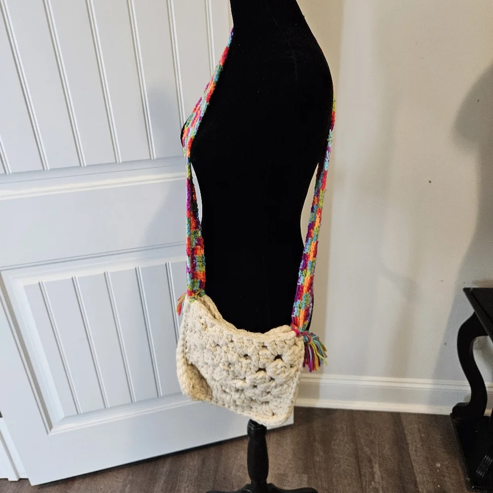 Festival Vintage Crochet Crossbody  Handbag Boho Off White Multicolor Strap - Picture 2 of 12